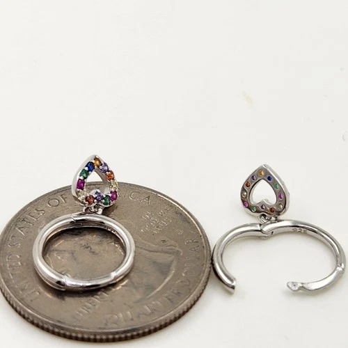 925 Sterling Silver Multicolor Sapphire Heart Drop 3/4'' Earrings Gemstone - Picture 3 of 3