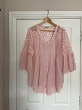 Ladies Pink Blouse, with lace panels,3/4 sleeves and button front one size (14)