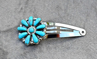 New Navajo by D Benally Hair Barrette Pin Sterling Silver 925 & Block Turquoise