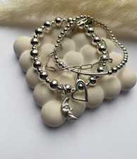 Bracelet Stacking Set Stretch Bead Jewellery Silver Plated Moon Heart Paperclip