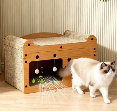 Cat Scratcher House, 2 in 1 Cardboard Cat Scratcher & Cozy Bed with Hanging Toys