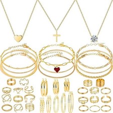 Women Gold Plated Jewelry Set Necklace Earrings Bracelet Ring Collection