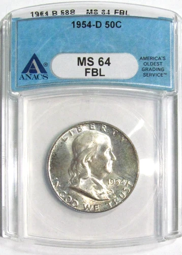 1954-D FRANKLIN Silver Half Dollar ANACS MS 64 FBL