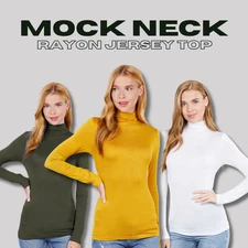 Women's Mock Neck Rayon Jersey Long Sleeve Top Soft Thin Stretchy Layering Shirt