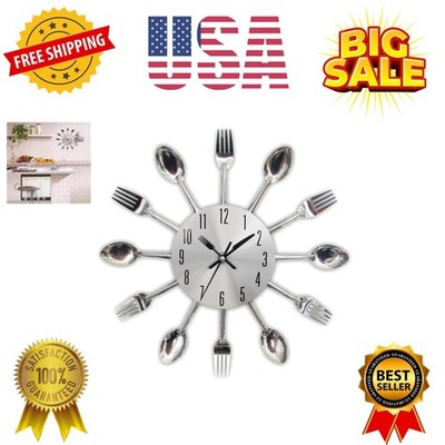 Kitchen Wall Clock, 3D Removable Modern Creative Cutlery Kitchen Spoon Fork W...