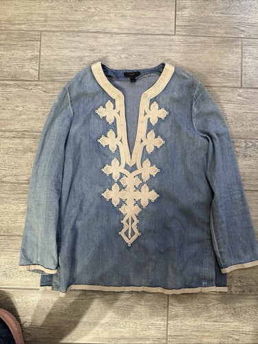 J Crew Top Denim Deep V Tunika Shirt Oberteil bestickt Damen Gr. S blau Leinen