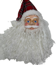 Santa Claus Head Hanging X-Mas Ornament Plastic Face String Beard 12" Vintage