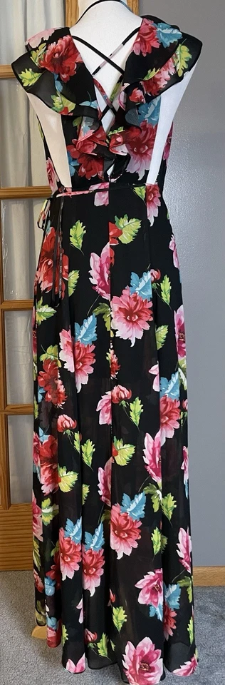 XOXO Floral Chiffon Wrap Maxi Dress S Ruffles Crisscross Straps Boho - Image 4 of 4