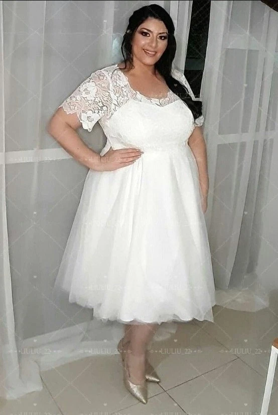 Plus Size Short Wedding Dresses Mid-Calf Short Sleeve Lace Applique Bridal Gowns - Image 2 of 4