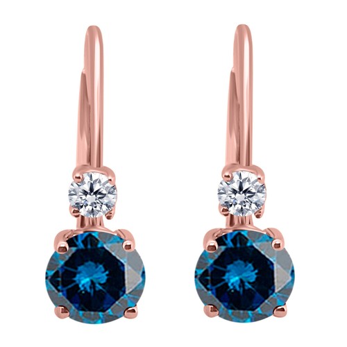 0.75 Carat Natural Blue & White Diamond Leverback Earrings for Women in 14K Gold - Picture 13 of 29