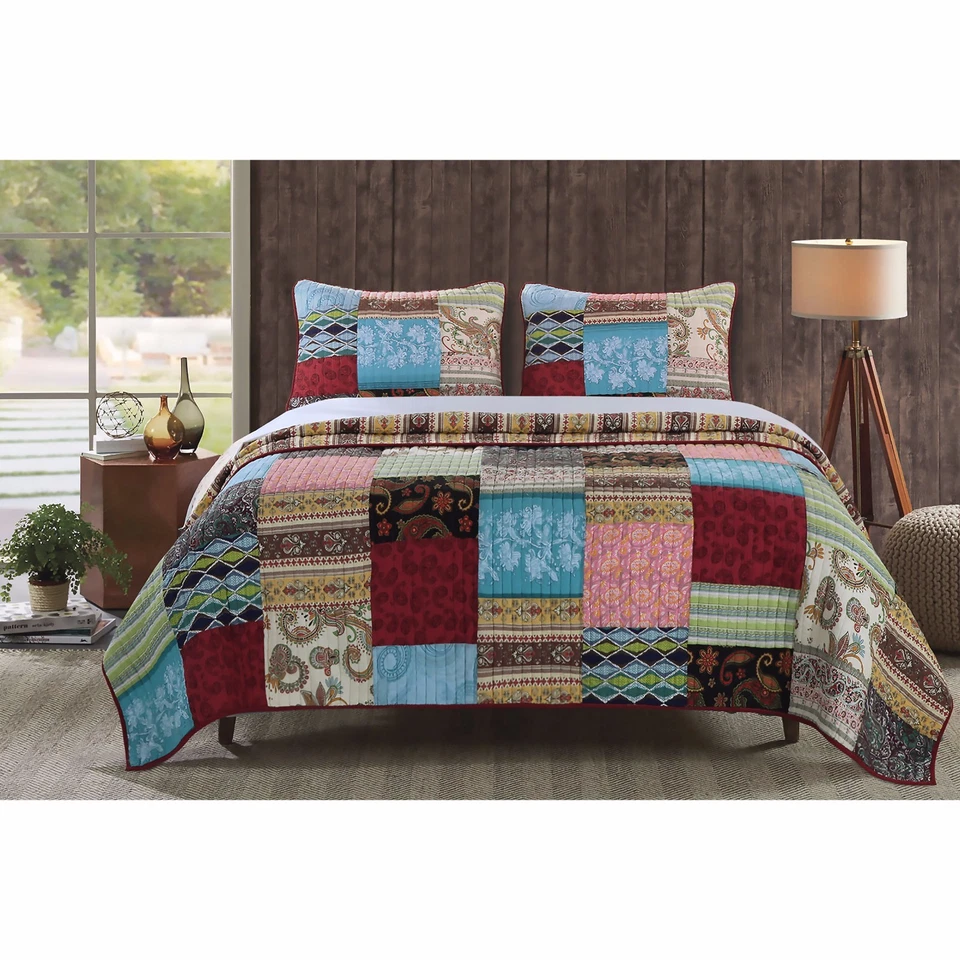 BEAUTIFUL COZY LOG CABIN LODGE COUNTRY SOUTHWEST BROWN GREEN RED SOFT QUILT SET - Image 2 of 4