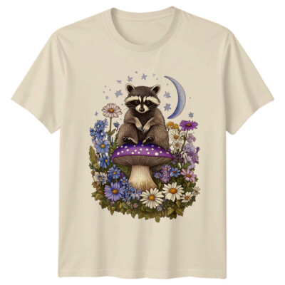 Waschbär auf Pilz T-Shirt, süßes geblümtes Tier T-Shirt