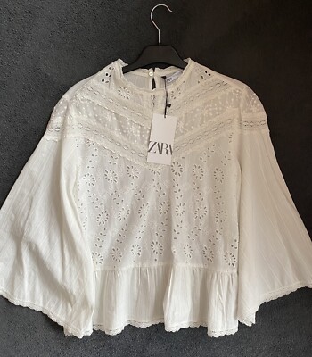 ZARA White Blouse with Cutwork Embroidery & Lace Trims Size M Bloggers Fave