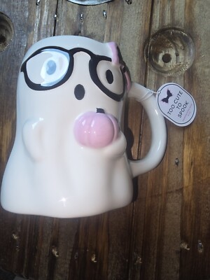 SUNDAY MORNING CERAMICS Halloween Ghost Mug TOO CUTE TO SPOOK Bow Pumpkin 