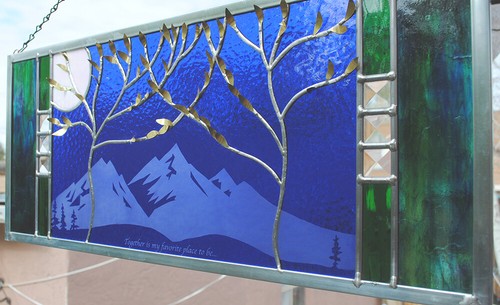 Stained Glass Window Panel two trees beveled blue mountain - Picture 5 of 7