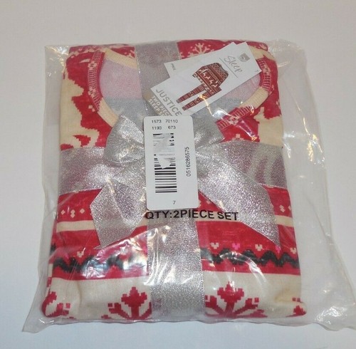 Justice Sleep Girls 7 Two Piece Pajamas PJ's Beige Red Reindeer Snowflakes New - Picture 2 of 2