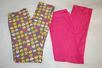 Girls Leggings 2 PAIR LOT Solid Pink GRAY w/ EMOJIS & DONUTS Size XL 14-16