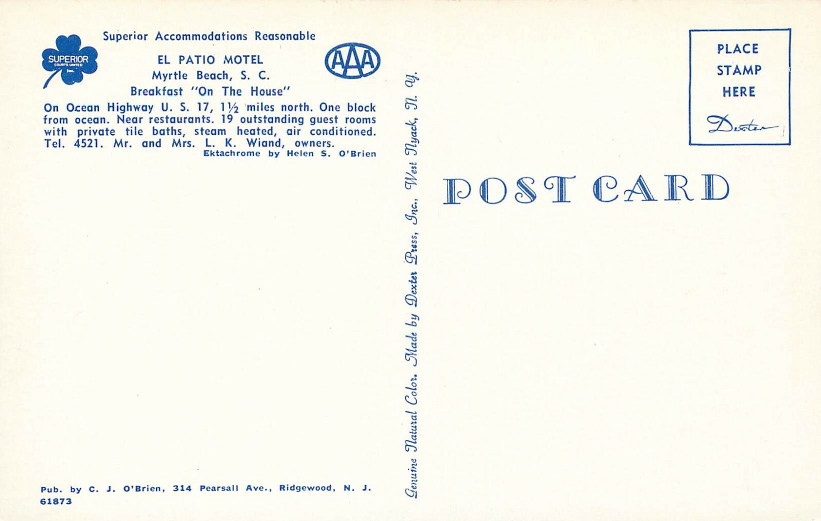 El Patio Motel Hotel Postcard Vintage Myrtle Beach South Carolina AAA eBay