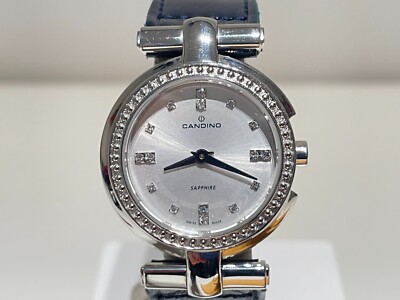 RETRO LUXURY SWISS LADIES ST. STEEL QUARTZ WATCH ''CANDINO'' SAPPHIRE WITH STONES