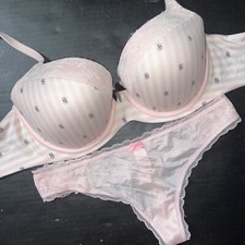 Victoria's Secret 32DDD BRA SET S thong WHITE pink lace stripe signature BODY By