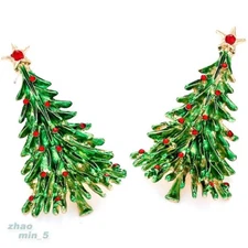 Green Christmas Tree Stud Earring Crystal Rhinestone Earrings Gold Tone Jewelry