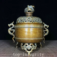 8.8" Qianlong Pure Bronze Fengshui Dragon Beast Animal Incense Burner Censer