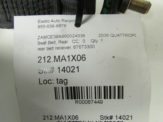 Maserati Quattroporte, Rear Seat Belt Receiver, Black, Used, P/N 67673300