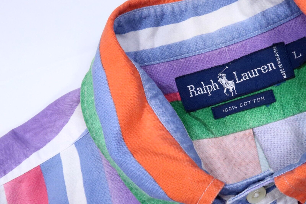 POLO RALPH LAUREN VINTAGE 80S 90S OXFORD MENS LARGE STRIPE BUTTON SHIRT  RELAXED