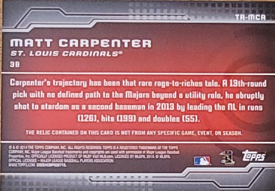 2014 Topps Trajectory Relics #TRMCA Matt Carpenter Patch St. Louis Cardinals cnb - Image 4 of 4