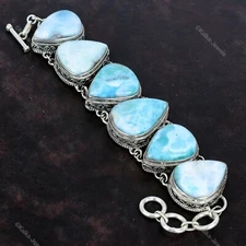 Natural Larimar Gemstone Chain Vintage Blue Adjustable Bracelet 925 Silver