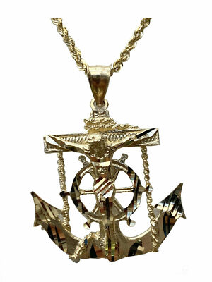 14k Yellow Gold Jesus Crucifix Anchor Pendant Mariner Cross