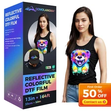 QOMOLANGMA 13in x 164ft Reflective Colorful DTF Film Roll Cold Peel