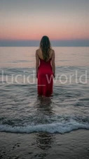 Digital Image Picture Wallpaper Background Desktop AI Art Woman in Red Dress Sea