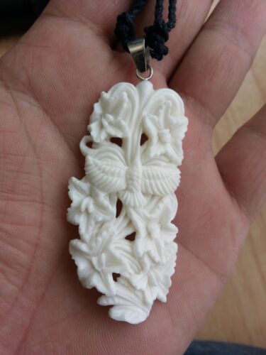 HummingBird Flower Bone Hand Carving Pendant w/ Sterling Silver Bale Necklace - 第 1/6 張圖片