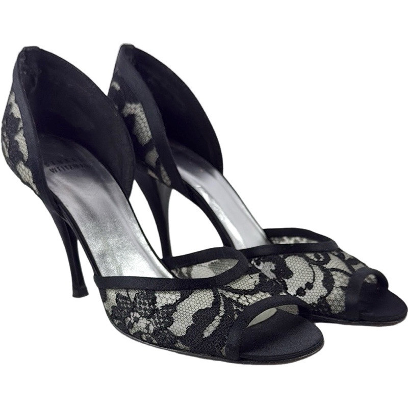 Stuart Weitzman Black Satin Lace Pattern Open Toe Pumps Heels Size 8 Spain