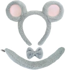 Costume Accessory Set-3 Pieces Grey Ears Headband, Bow Tie and Tail -Realisti...
