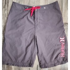 Hurley Board Shorts Mens 36 Gray Red Logo Swim Trunks Surf Beachwear Embroidered