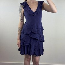 Y2K vintage 100% silk midi dress ruffle layered v neck above knee length purple