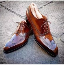 New Men's Handmade Brown Color Leather Oxford Wingtip Brogue Lace Up Shoes