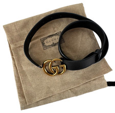 Gucci Women Black Leather Gold Tone GG Marmont Belt 70 cm 28 in Runway Auth Bag
