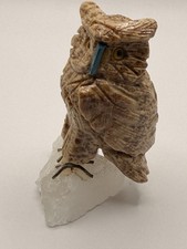 Hand Carved Soapstone Owl Figurine on Natural Quartz Crystal Base 2.75in