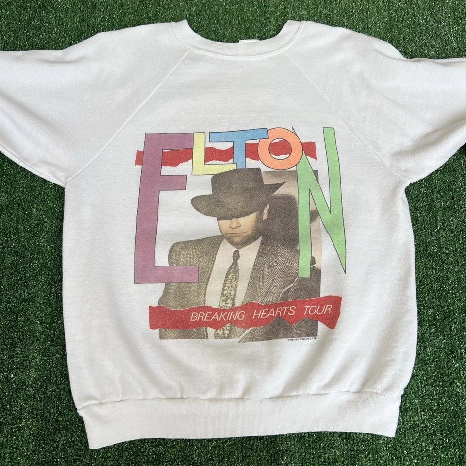 Sudadera De Colección 1984 Para Hombre Elton John Tour Blanca Corte Raglán Cuello Redondo Pequeña 20x24" Foto 2 de 4