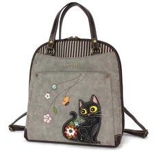 BLACK CAT FLOWER CONVERTIBLE BACKPACK PURSE BAG GRAY CHALA