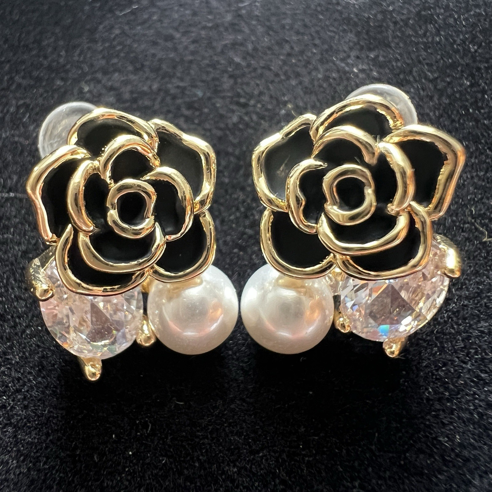 Gold Plated Camellia Stud Earrings with Pearl and CZ Stones-image