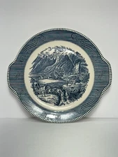 Vintage Currier And Ives Blue Handled Cake Plate