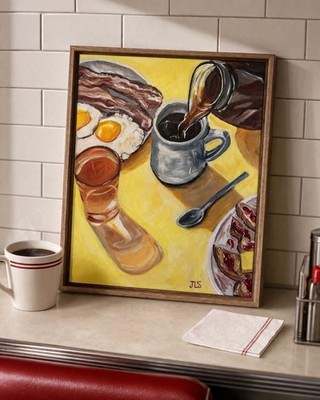 Diner Breakfast Painting Coffee Eggs Bacon Nostalgic Kitchen Wall Decor 16x20