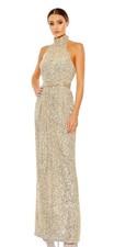 Mac Duggal 11281 Champagne Sequined Halter Neck Belted Tie Dress Size 4 $298