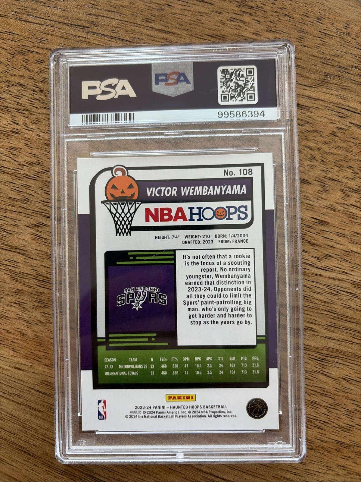 2023-24 Panini Haunted HOOPS Victor Wembanyama Holo Webs #108 PSA 10 view 2