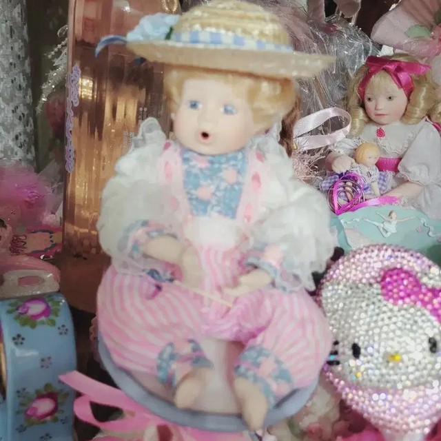 Vintage Pink Romper Porcelain Doll with Straw Hat