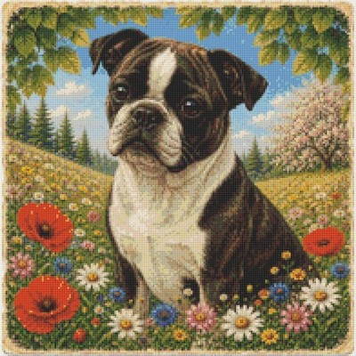 boston terrier x mops Welpe Hund im Sommer gezählt Kreuzstich